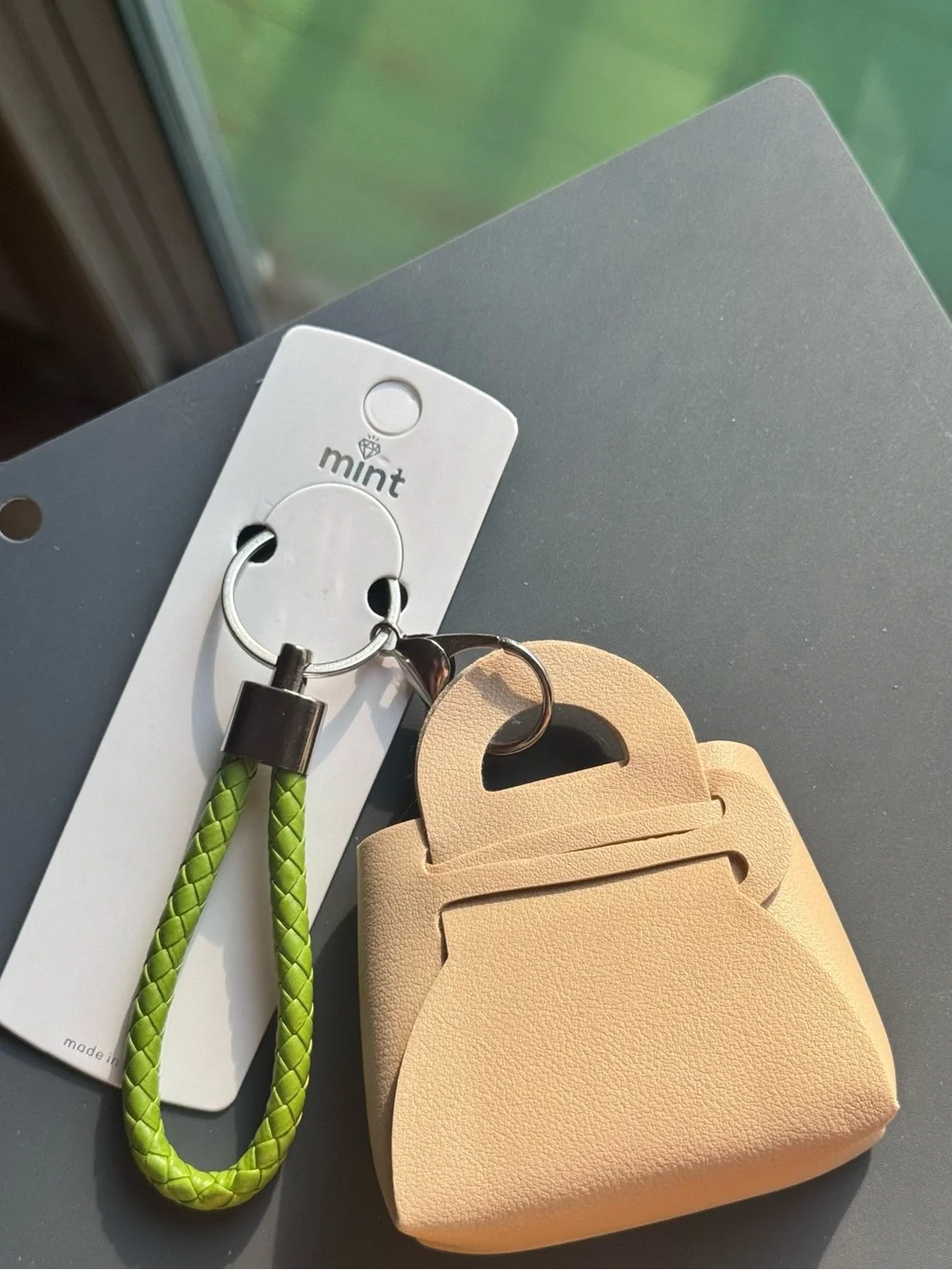 NWT Mint Mini Handbag Keychain & Bag Charm Tan with Green Braided Strap
